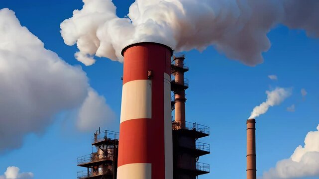 White smoke billowing from red and white industrial chimney against a blue sky with clouds.