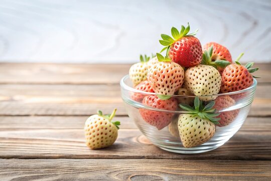 Minimalist arrangement of pineberries in a glass bowl on wood and isolated on white and black backgrounds