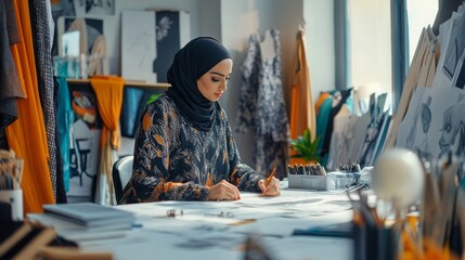 A designer, wearing a hijab, focuses intently on sketching in a well-lit studio. Surrounding her are fabric swatches and various artistic tools, showcasing a vibrant creative workspace.