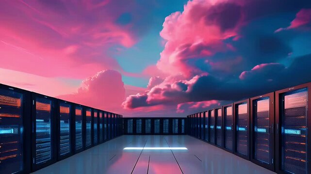 A server room with rows of servers and glowing lights, against a pink sunset sky.