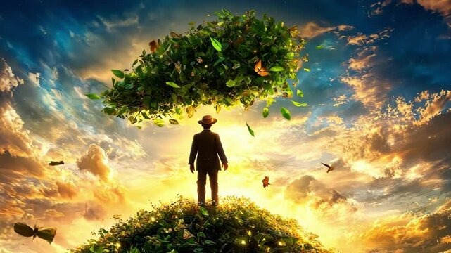 Man standing on leafy hill under floating tree on sunset during yom kippur reflection