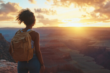A woman with a backpack is standing on a cliff overlooking a canyon