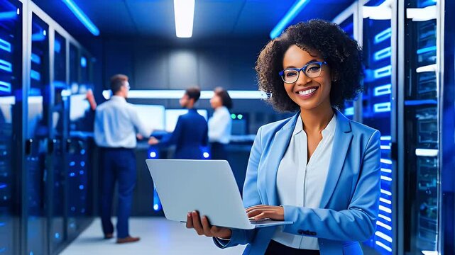 Smiling businesswoman uses laptop in a server room with her colleagues in the background.