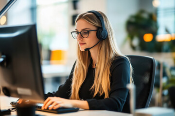 Engaged young woman wearing headset while working on a computer in a modern office setting