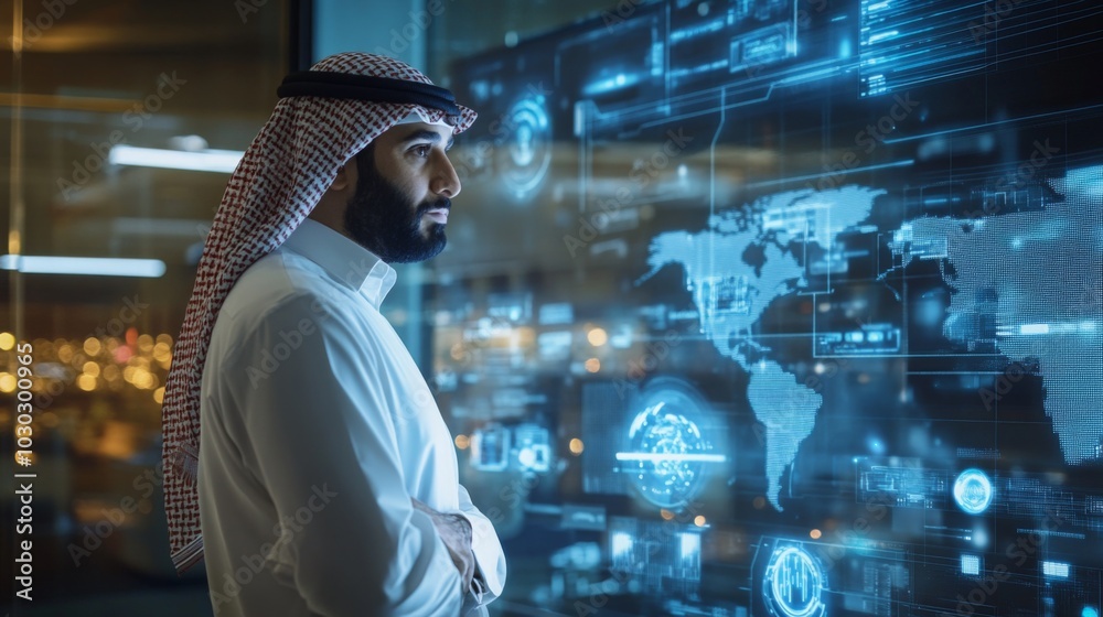 Aufkleber An Arab man in traditional attire observes glowing digital displays of data and global maps in a modern office. The nighttime cityscape twinkles through the large windows behind him.