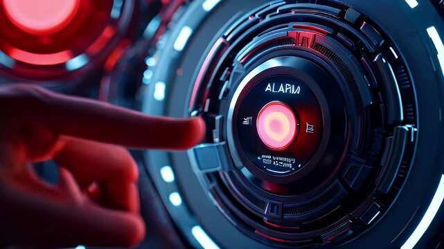 A finger presses a red button labeled "ALARM" on a futuristic control panel.