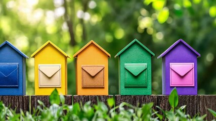 Colorful mailbox display celebrating world post day in a serene garden setting