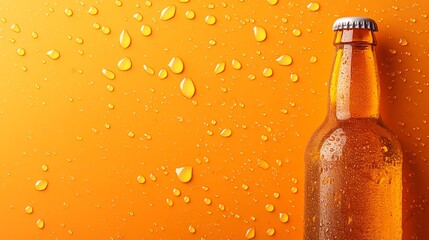 A cold bottle of beer on an orange background with water droplets.