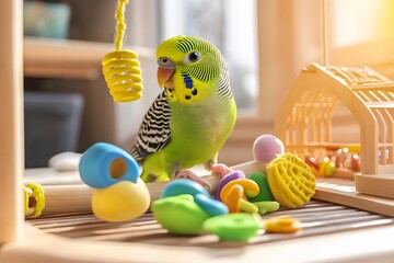 Fototapeta na wymiar A playful pet bird interacting with various colorful toys in its enclosure