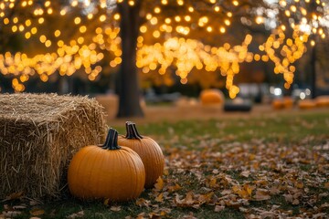 A festive outdoor setup with seasonal decorations like pumpkins, hay bales, and autumn leaves for a fall equinox celebration