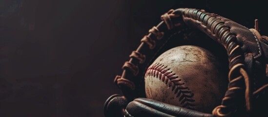 Group of vintage baseball equipment, gloves, baseballs on a dark background