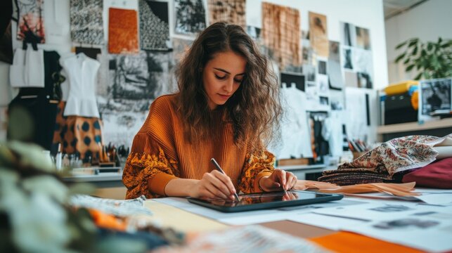 A young designer immersed in her work sketches creative ideas on a digital tablet in a lively fashion studio. The workspace is filled with colorful fabrics and inspirational design prints.