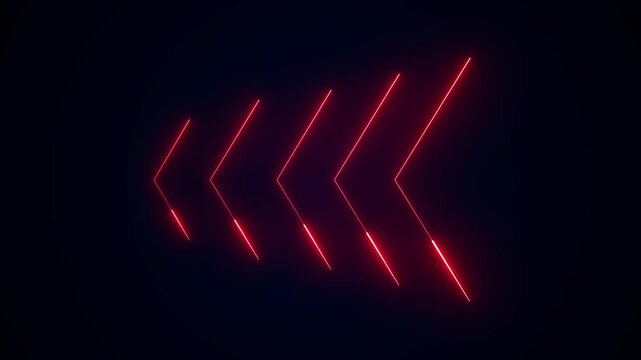 Abstract red neon directional swipe arrow pointing to left and moving icon animation .Animated glowing left directional traffic. arrows animation transitional arrow navigation on black background.