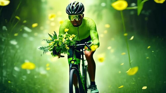 Dynamic cycling race with athlete in vibrant gear surrounded by lush greenery and yellow flowers