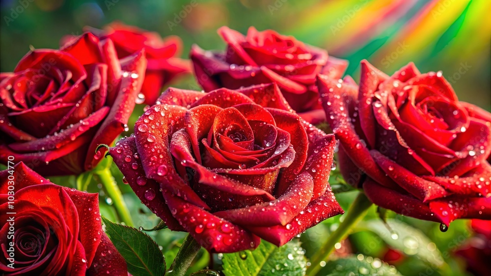 Wall mural A vibrant bouquet of red roses adorned with glistening dewdrops, reflecting the soft morning light.