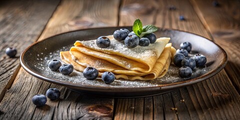 A stack of delicate, golden crepes dusted with powdered sugar and adorned with plump blueberries, resting on a rustic wooden table, creating a visual symphony of simple elegance.