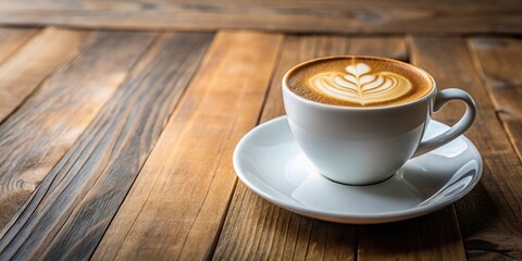 Obraz premium Minimalist coffee photography of latte art in white mug on wooden table, extreme close-up