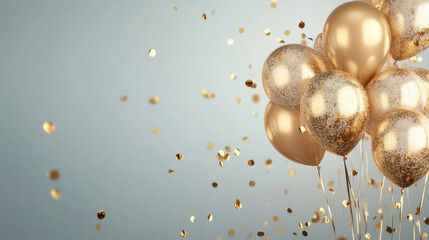 Shimmering gold balloons float gracefully amidst a sparkling celebration in a festive atmosphere