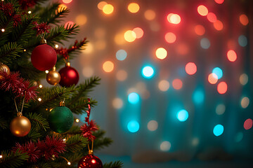 Obraz premium Elegant Christmas Ornaments Hanging from Pine Branches with Copy Space