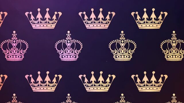 A repeating pattern of gold crowns on a deep purple background
