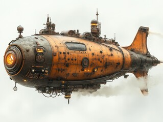 Obraz premium An intricately designed steampunk airship navigates through a cloudy sky, its brass and copper exterior glinting. the retro-futuristic vehicle combines victorian aesthetics with advanced engineering.