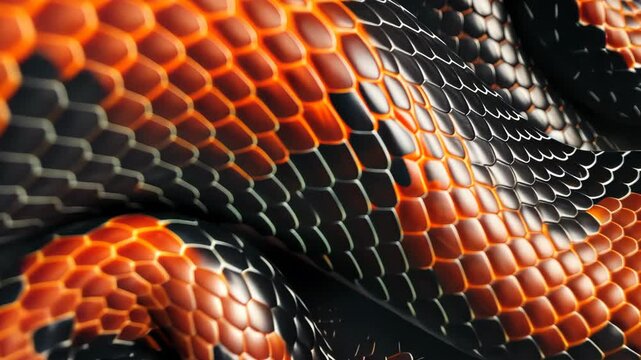 A close up of a snake's skin with red and black stripes
