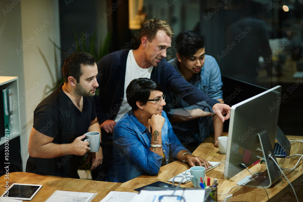 Poster Business people, pc and collaboration at night for thinking, information technology and diversity. Research, programming and teamwork for problem solving, software development and cybersecurity app