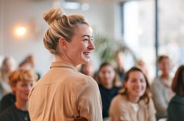 Engaging speaker leads interactive workshop with enthusiastic audience