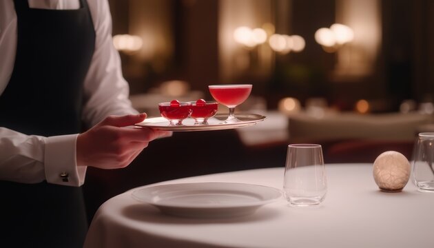 A focused waiter balancing a tray of drinks as they navigate through a bustling restaurant, ensuring each glass is placed neatly on the table with precision.