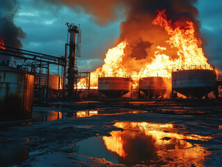 Massive blaze engulfs industrial storage facility, creating thick black smoke at sunset