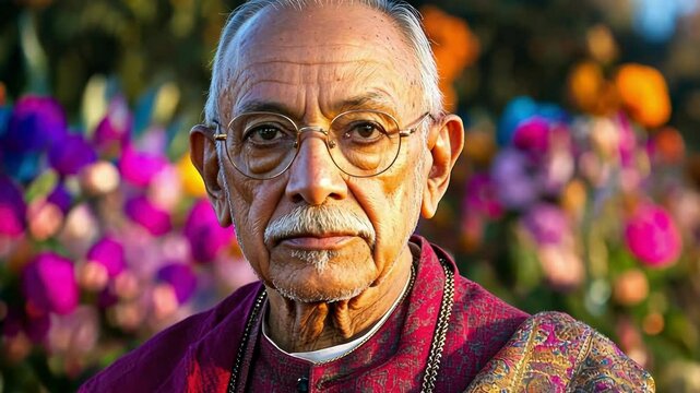 Elderly man in traditional attire amidst vibrant garden scenery for gandhi jayanti celebration