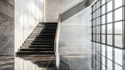 Obraz premium Modern building interior showcasing a polished marble staircase with striking dark grout lines