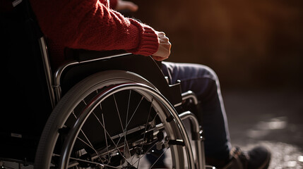 Extreme close-up of a mother's hand pushing a wheelchair with a disabled boy, shot from behind in a cinematic chiaroscuro style. Dramatic lighting highlights the hand and wheelchair handle, capturing