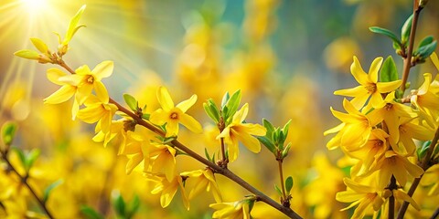 Obraz premium Golden Sunlight Illuminates Delicate Blossoms On A Branch, A Symphony Of Yellow And Green, A Floral Tapestry Of Springtime Radiance