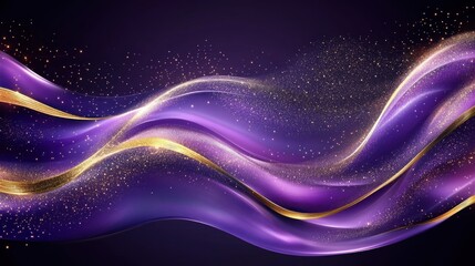 Abstract 3d curved violet background with gold lines curved wavy sparkle with copy space for text. Luxury style template design. Vector illustration