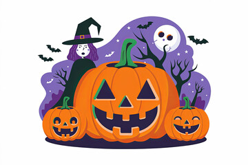 Halloween pumpkin lantern funny faces with witch black and purple hat isolated in white background for holiday spooky trick or treat collection