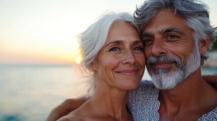 Obraz premium A joyful couple embraces at sunset by the water.