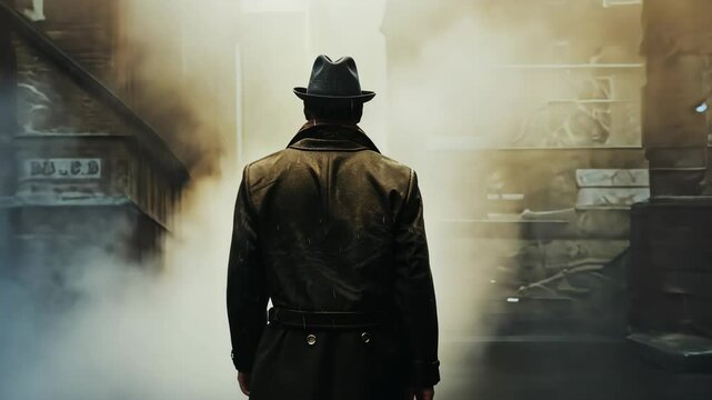 A man in a fedora and trench coat walks through a foggy city street