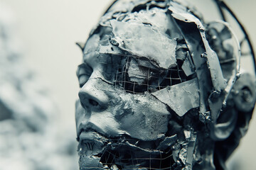 sculpture head destroyed, damaged broken parts and wire in the face, shattering glass material, blurred background, photorealistic