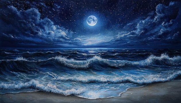 Moonlit serene waves under a starry sky, creating a tranquil and reflective scene that stirs the imagination.