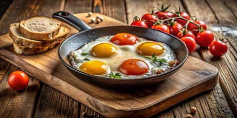A rustic wooden table setting featuring sunny side up eggs, with a hint of red, a testament to the simple pleasures of breakfast