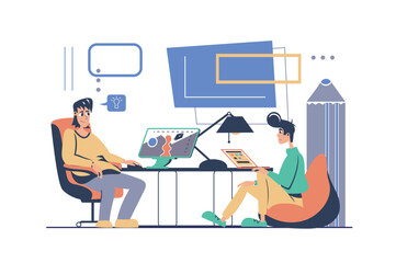 Designer studio concept in modern flat cartoon design for web. Creative team generates new ideas, drawing visual content and developing products, making artist projects in office. Vector illustration.