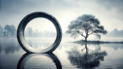Zen circle with tree and lake landscape