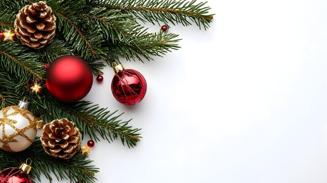 Blank white christmas card composition. Fir branch, festive seasonal decorations, lay flat background template