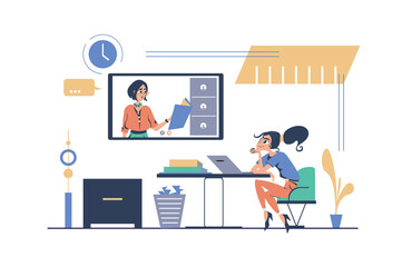 Distance learning concept in modern flat cartoon design for web. Woman watching video seminar and listening teacher, studying remotle at online trainings and doing homework. Vector illustration.