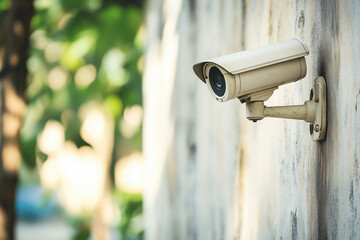 A white security camera mounted on a wall with copy space.