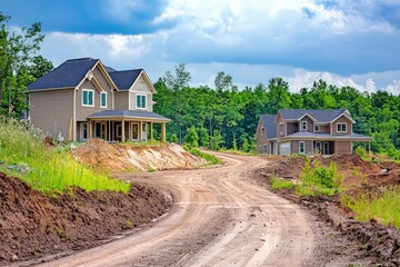 New houses on a rural dirt road, symbolizing growth in a developing area
