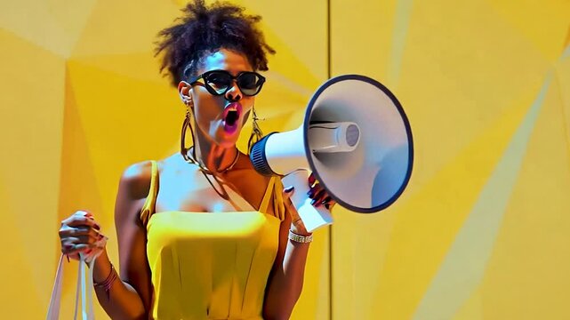 Stylish woman in sunglasses holding shopping bags and megaphone against bright yellow background. Conceptual fashion shot with vibrant colors and modern vibes. Fashion photography. Generative AI