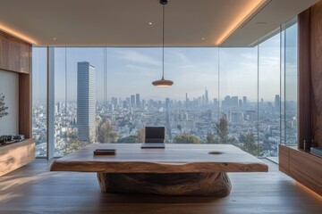 modern office design, a contemporary office space with a floating walnut desk, a pendant light, and large windows overlooking the cityscape