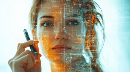 Portrait of a woman with digital interface overlay, holding a smartphone, symbolizing technology and innovation in modern life.